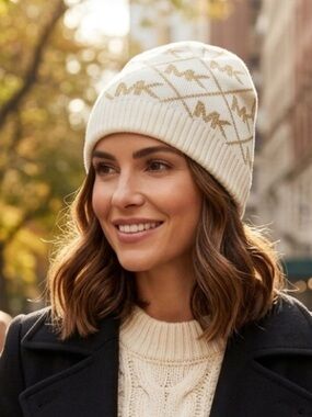 MICHAEL by MICHAEL KORS Logo Beanie Hat, Cream/Gold Metallic, One Size Like New